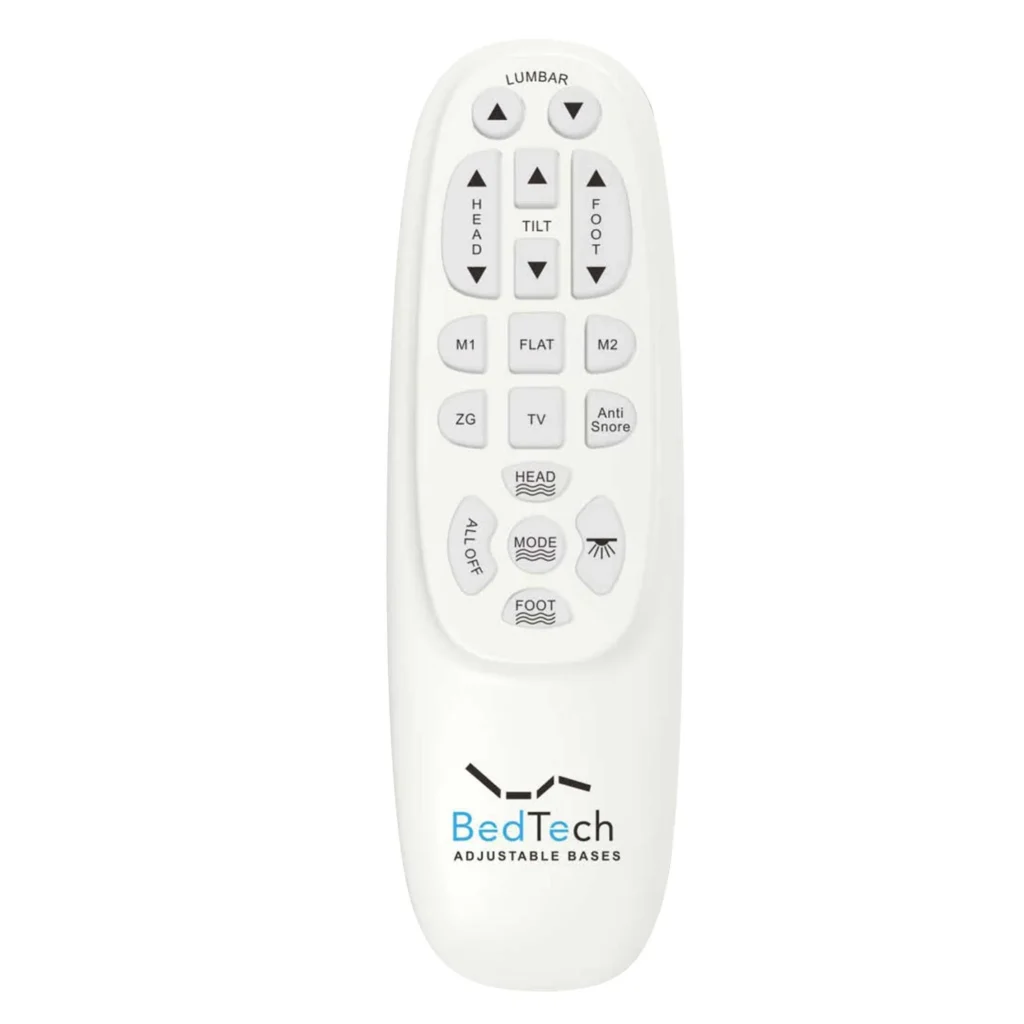 BedTech adjustable bed remote with buttons for head, foot, lumbar, and preset positions, enhancing comfort and control for adjustable bases.