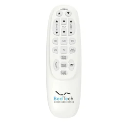 BedTech adjustable bed remote control featuring various buttons for customizable sleep settings and comfort adjustments.
