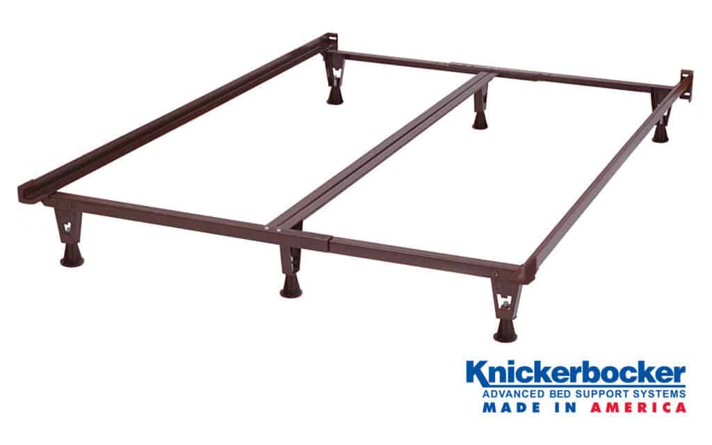 Knickerbocker Deluxe Heavy Duty bed frame for twin, full, and queen sizes, featuring steel construction, adjustable support, and pedestal legs, Made in America.