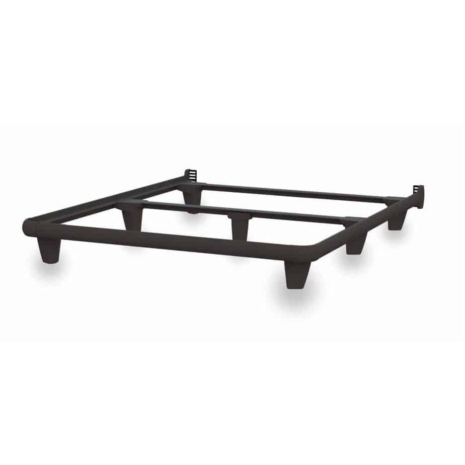 Heavy duty black steel bed frame with adjustable sizing for twin, full, and queen mattresses, featuring extra long side rails and pedestal legs for support.