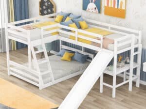 Twin over Full Bunk Bed with Twin Size Loft Bed with Desk and Slide
