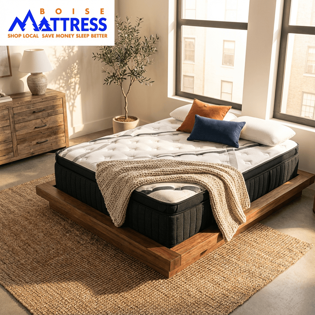 Boise Mattress logo above a stylish Helix mattress on a wooden platform bed, surrounded by decorative pillows and a cozy throw blanket in a well-lit room.