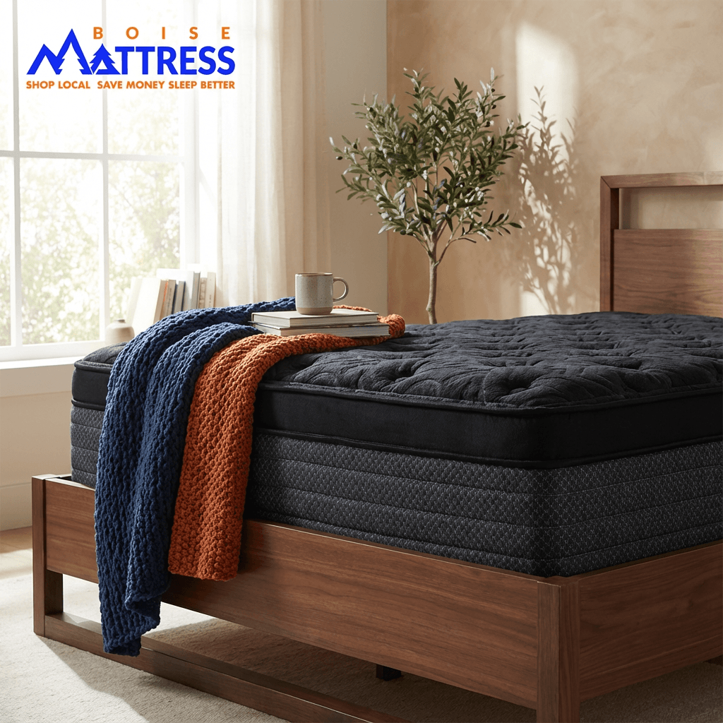 Boise Mattress display featuring a cozy bed with a dark quilted mattress, decorative throw blankets in blue and orange, and a bedside table with a coffee cup and book, set in a well-lit room with a plant and window.