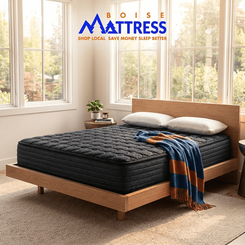 Boise Mattress display featuring a black mattress on a wooden bed frame with two white pillows and a striped throw blanket, set in a bright room with large windows.