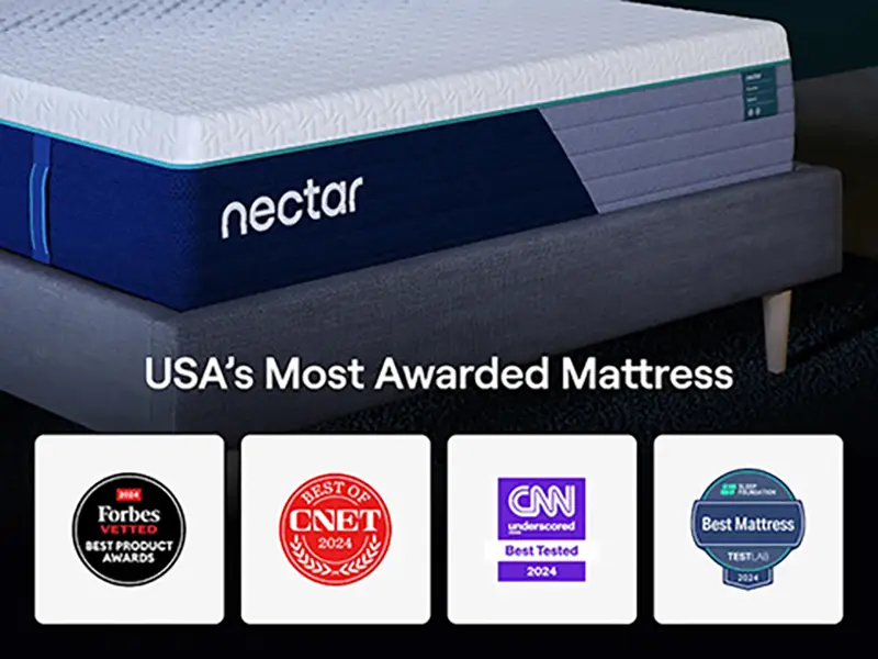 Nectar Premier Hybrid 5.1 mattress on a bed, featuring cooling quilted cover, adaptive memory foam, and motion-isolating coils, highlighted as USA's most awarded mattress with logos from Forbes, CNET, CNN, and more.