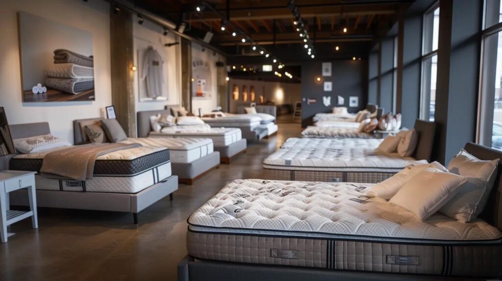 Different types of mattresses including memory foam, hybrid, and innerspring displayed in a showroom