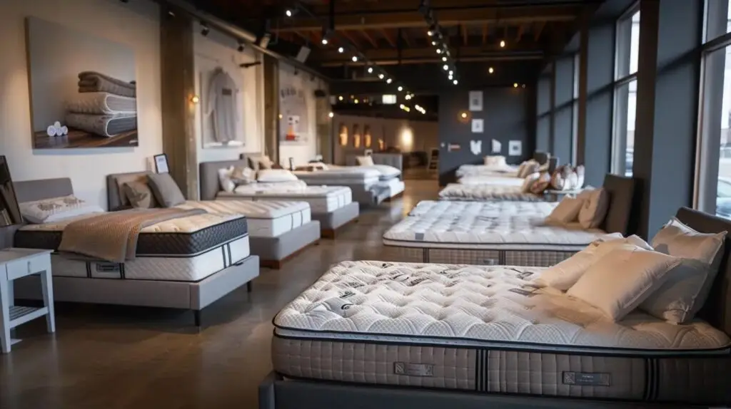 Different types of mattresses including memory foam, hybrid, and innerspring displayed in a showroom