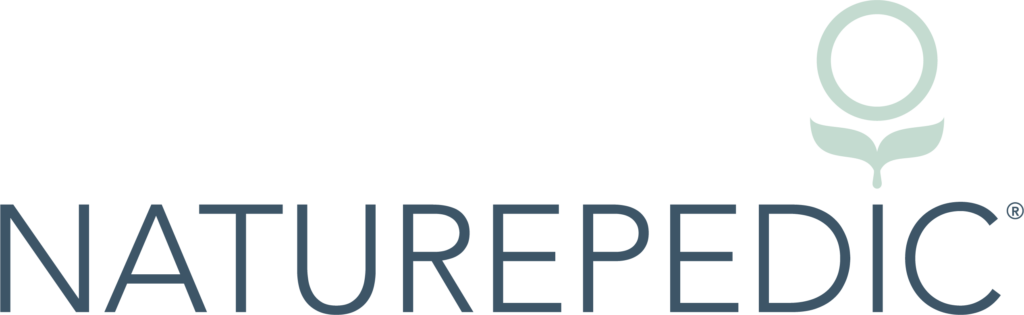 Naturepedic logo featuring a stylized leaf and circular design, representing eco-friendly bedding products, relevant to Boise Mattress's selection of sustainable mattress brands.