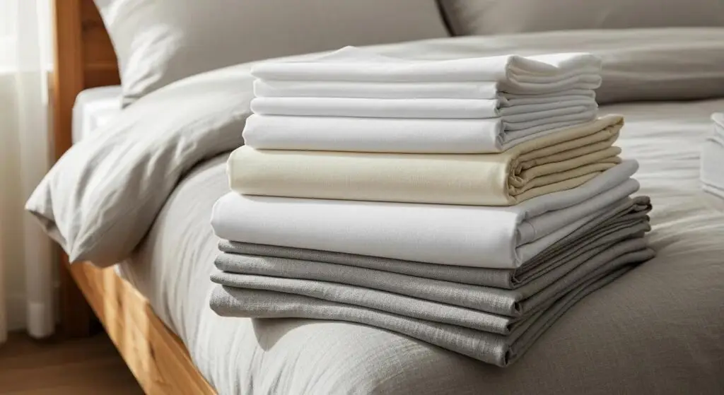 Stack of folded bed sheets showing different materials like cotton and bamboo