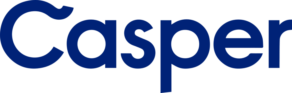 Casper logo featuring bold blue typography, representing a mattress brand associated with comfort and advanced bedding technology.